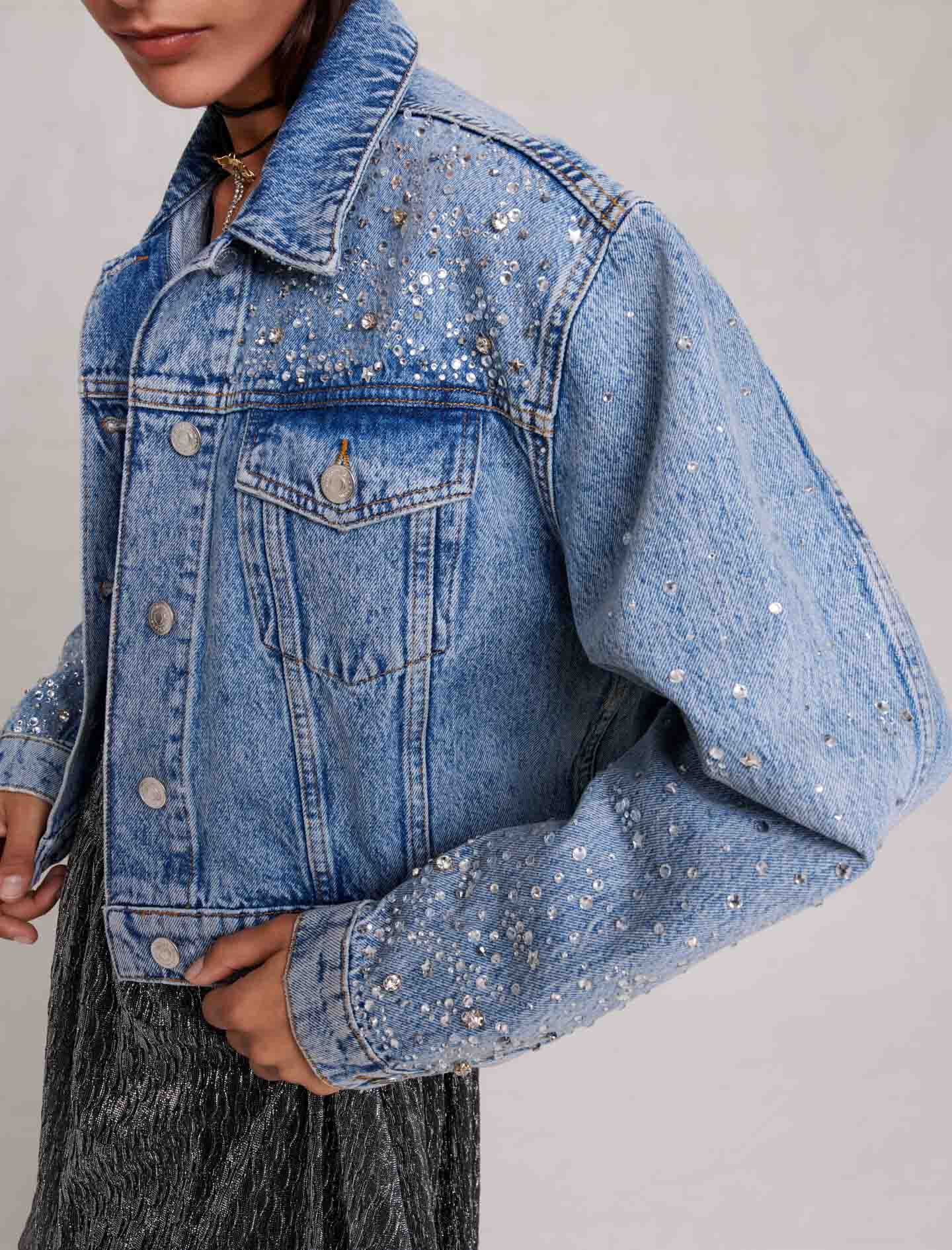 Jachetă din denim decorată cu strasuri - Albastră