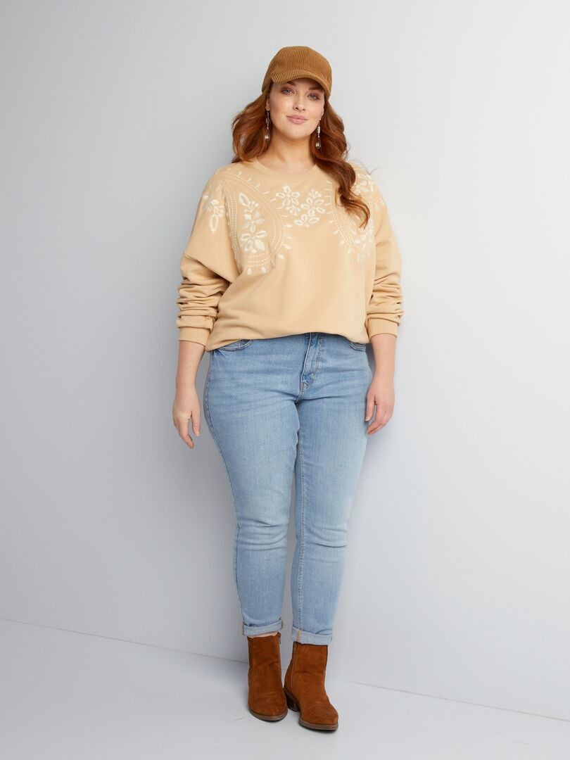 Geborduurd fleece sweatshirt - BEIGE