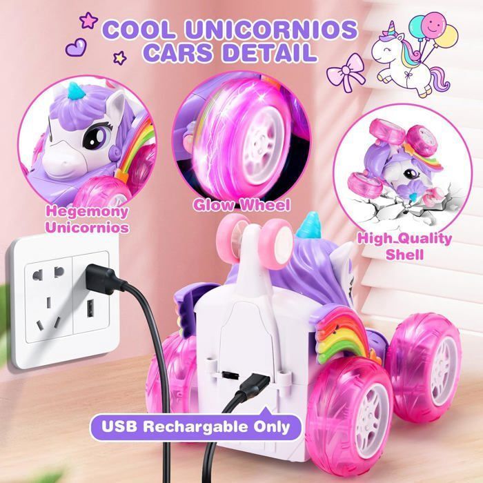 Voiture télécommandée pour enfants - OEM - Licorne 4WD - LED lumineuses - Cascade 360° - Rechargeable USB