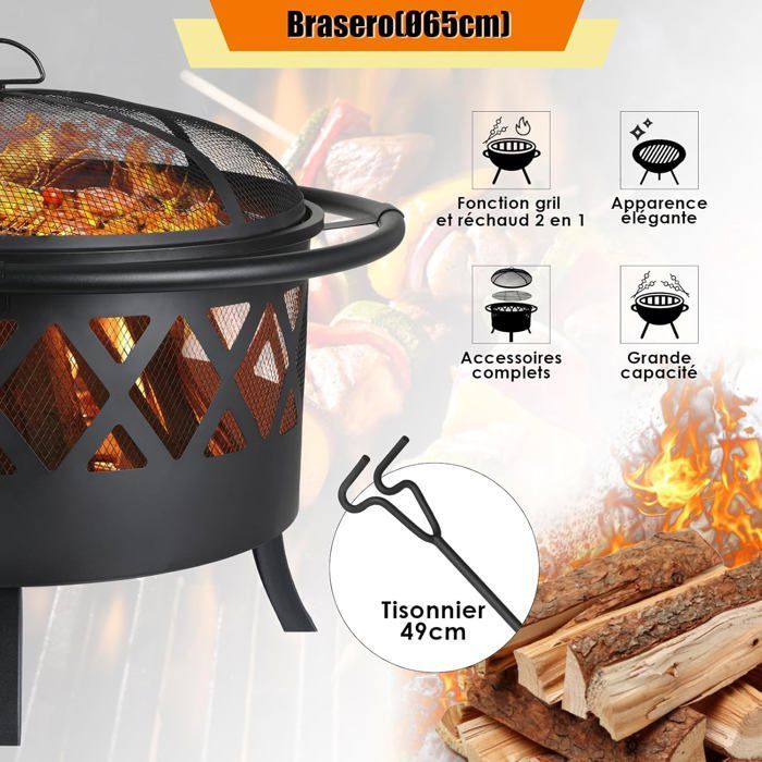 81cm Brasero Barbecue Exterieur pour Jardin,Foyer avec Protection Anti-étincelles et Tisonnier,Grille de Barbecue,Noir