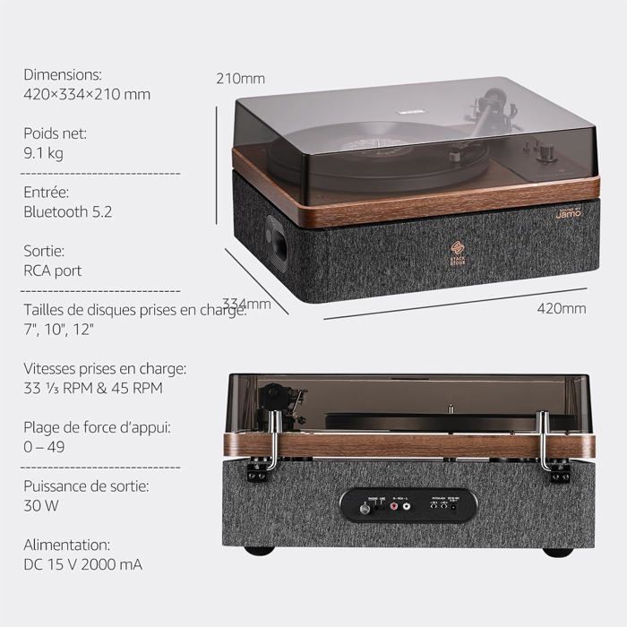 Toca-discos STACKSTONE x JAMO DS07 Bluetooth 5.2 com alto-falantes integrados, cápsula AT3600L, som Hi-Fi, 33/45 RPM, preto