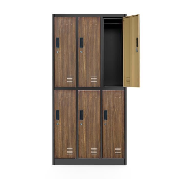 3B2A Locker, metalen kast met 6 vakken, gepoedercoat, 185 cm x 90 cm x 45 cm (antraciet/houtnerf)