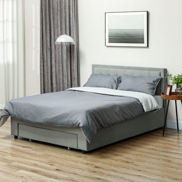 Estructura de cama doble - HOMCOM - base con almacenamiento y resortes de gas - cajón con ruedas - cabecero ajustable con tapizado efecto terciopelo - gris