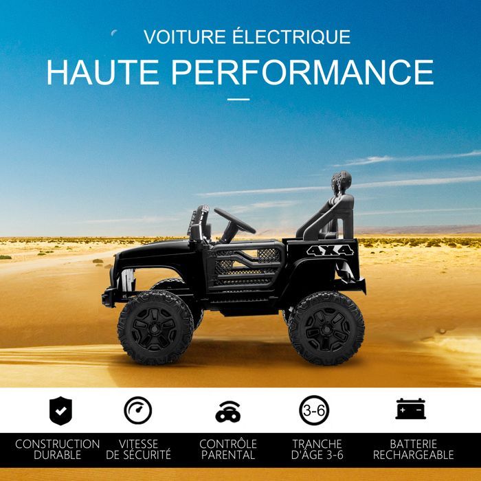 Coche eléctrico HOMCOM de 12 V con control remoto para niños, suspensión en las 4 ruedas, faros, claxon y MP3. Fabricado en PP. Color negro.