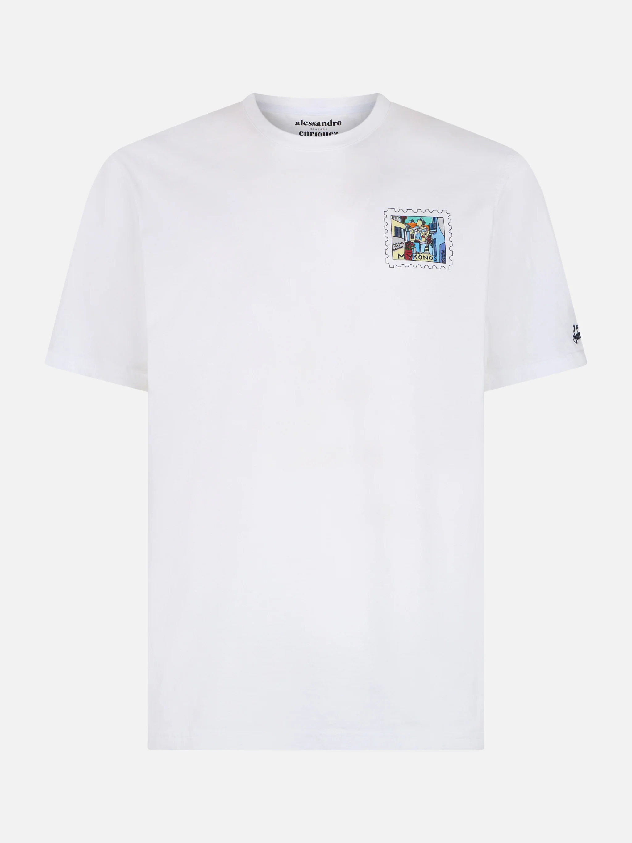 Heren katoenen T-shirt met Mykon-ansichtkaartprint op voor- en achterkant