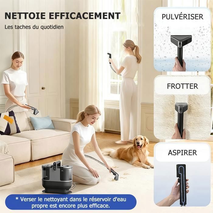 Dampfreiniger und Fleckenentferner (1200 W) – 1,6 l/0,95 l Tank – 1,9 m Schlauch / 4 m Kabel – Polsterreiniger mit 9 Zubehörteilen, Schwarz/Grau