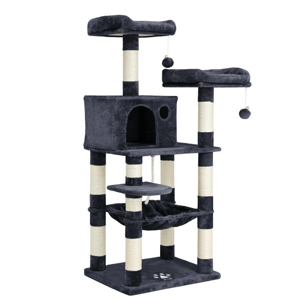 Stabilny Drapak dla Kota 143 cm z Platformami Hamakiem i Zabawki Szary