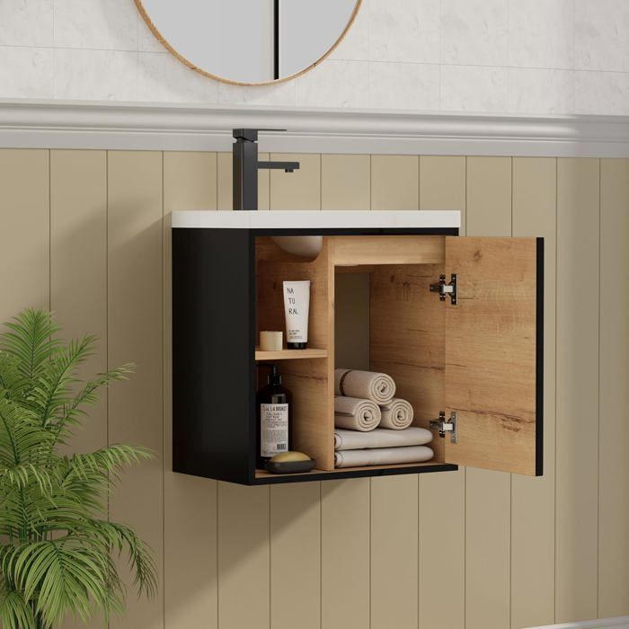 Mueble de lavabo GOOBUY de 51 cm, mueble de baño suspendido, lavabo de resina, espacio de almacenamiento oculto/abierto, diseño lineal, negro.