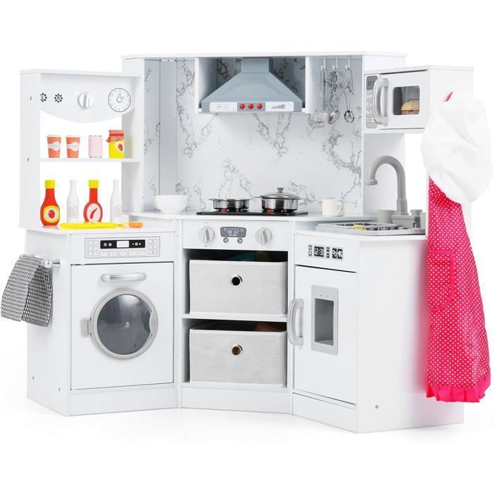 GOPLUS Cuisine d'angle pour Enfant en Bois avec Lumières et Sons Réalistes, Accessoires et Rangement, pour 3+ Ans (Blanc)