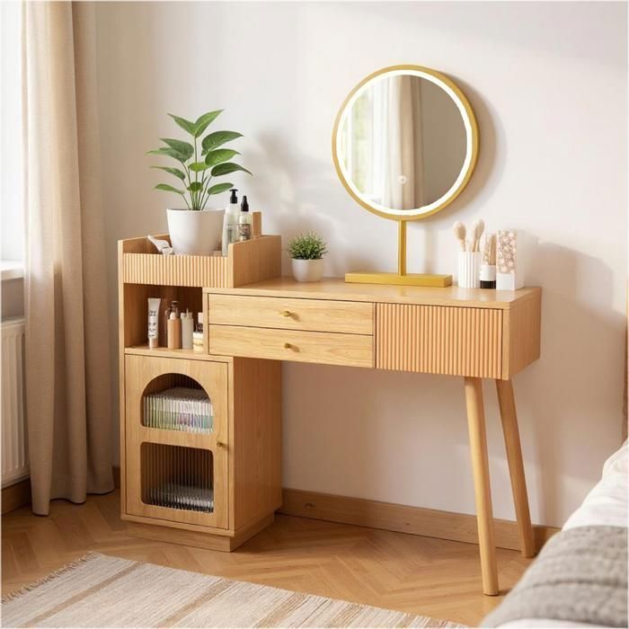 MUEBLES COSITIVOS Tocador moderno con espejo LED de 3 luces, amplio espacio de almacenamiento y vitrina lateral de cristal, 120x40x90 cm
