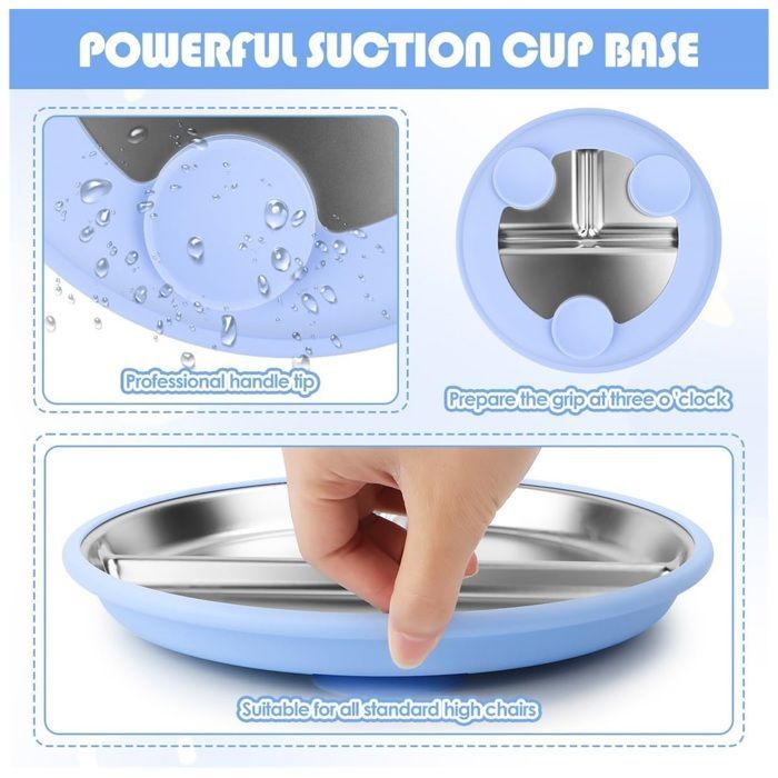 Lot de 2 Assiette Ventouse Pour Bébé,Inox Bebe Assiettes En Acier Inoxydable Avec Ventouse Pour Bébé les Tout-petits