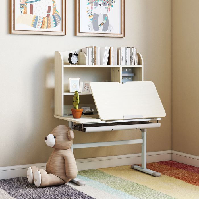 Bureau pour enfants - AIYAPLAY - réglable en hauteur, plateau inclinable, tiroir, étagère - PP - 80x51x108,5-130,5cm - naturel