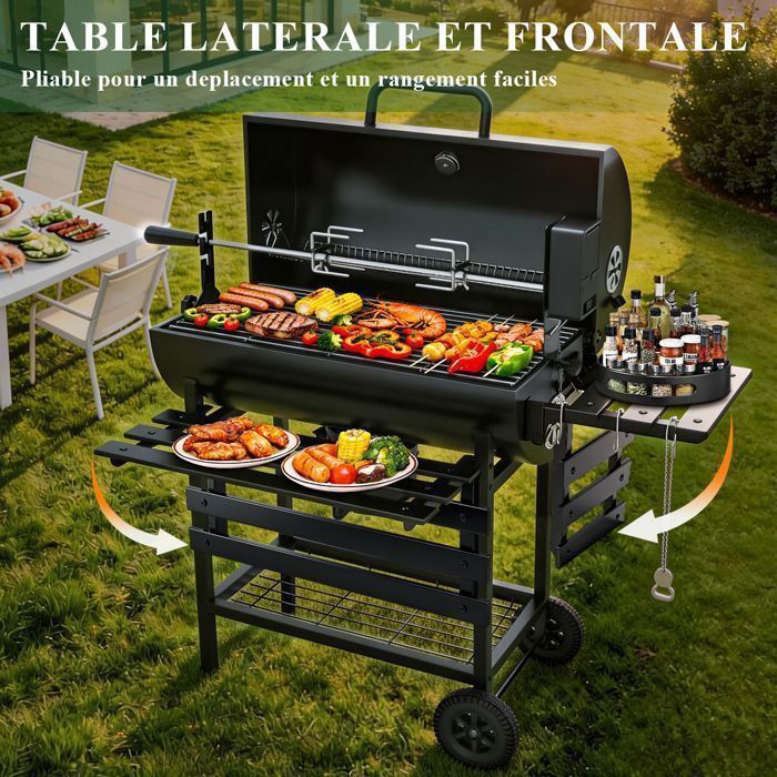 Charcoal Barbecue with Cooking and Warming Rack - Barbecue with Thermometer, Electric Rotisserie, 2 Folding Side Shelves