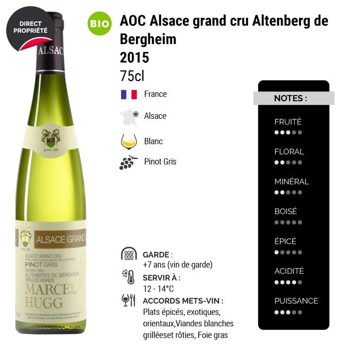 Marcel Hugg Alsace Grand Cru Altenberg de Bergheim Pinot Gris Vieilles Vignes 2015 - Witte wijn uit de Elzas (3 x 75cl) Biologisch Zoet