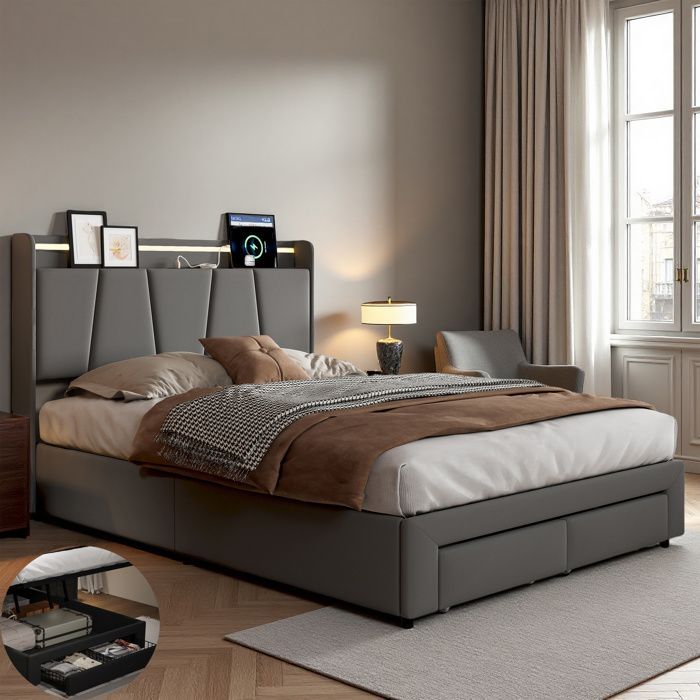 Cama de 140x190 cm - COZY - LED - USB - tela de lino - estructura de cama doble de 140x190 cm - gris antracita