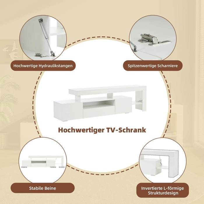Mueble para TV blanco brillante, 192 x 37 x 53 cm, con iluminación LED, 3 puertas y estantes — para televisores de hasta 85 pulgadas