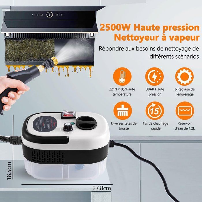 Limpador a vapor de 2500 W, com 5 cabeças de escova, ajustável em 6 níveis, para limpeza de sujeira, gordura e poeira, preto.