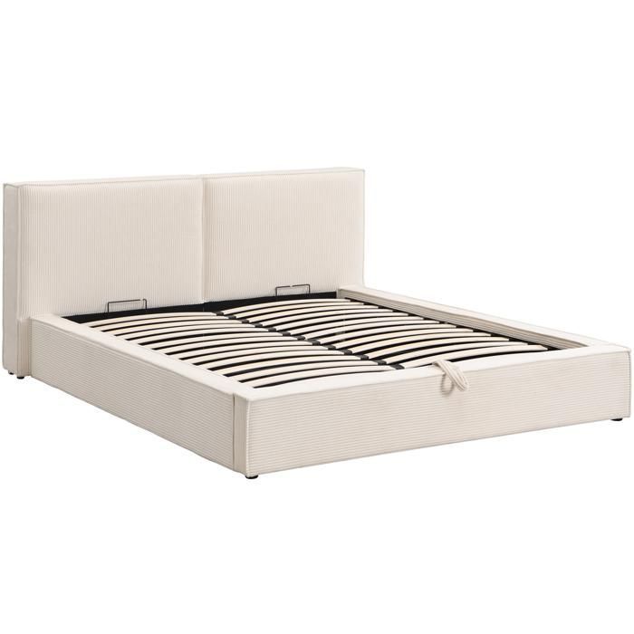 Arno 140x190 cm Bett für Erwachsene mit Stauraum, Lattenrost und beigefarbenem, mit Cord bezogenem Kopfteil