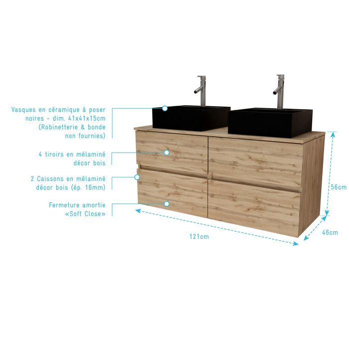 Bathroom vanity unit 120cm with 4 drawers in natural oak - 2 square basins 41x41x15cm black
