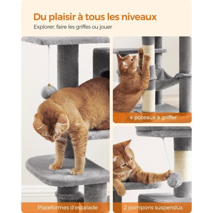 Cat Tree - FEANDREA - Height 112 cm - 4 Scratching Posts - 2 Platforms - 1 Cat Cave - 1 Hammock - Light Grey