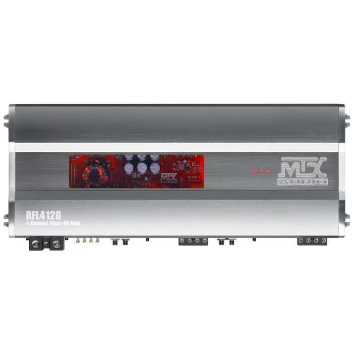Amplificador de alta gama para coche MTX RFL4120, 4 x 200 W RMS a 2 Ω o 2 x 400 W RMS a 4 Ω con filtros activos variables.