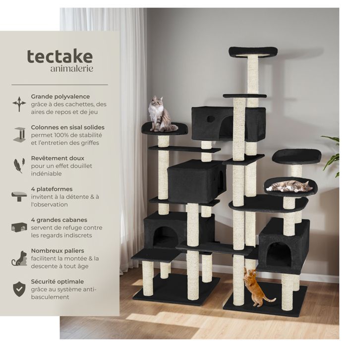 Cat tree - TECTAKE - ENTISSAR cat furniture with scratching post and 4 hideaways 138 x 60 x 214 cm - Black