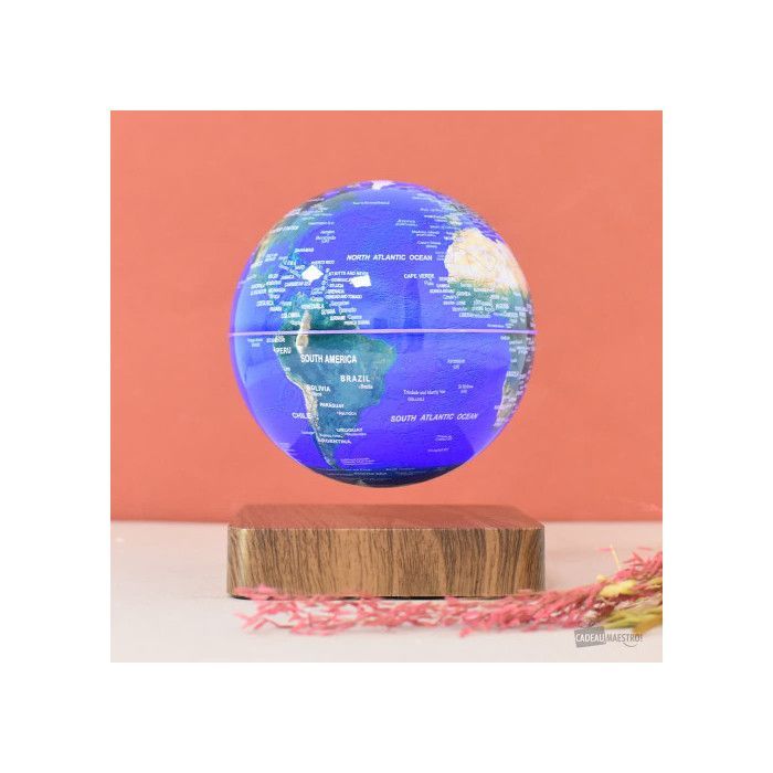Globe TERRE lumineux en lévitation GM   sur base bois GEOLITE