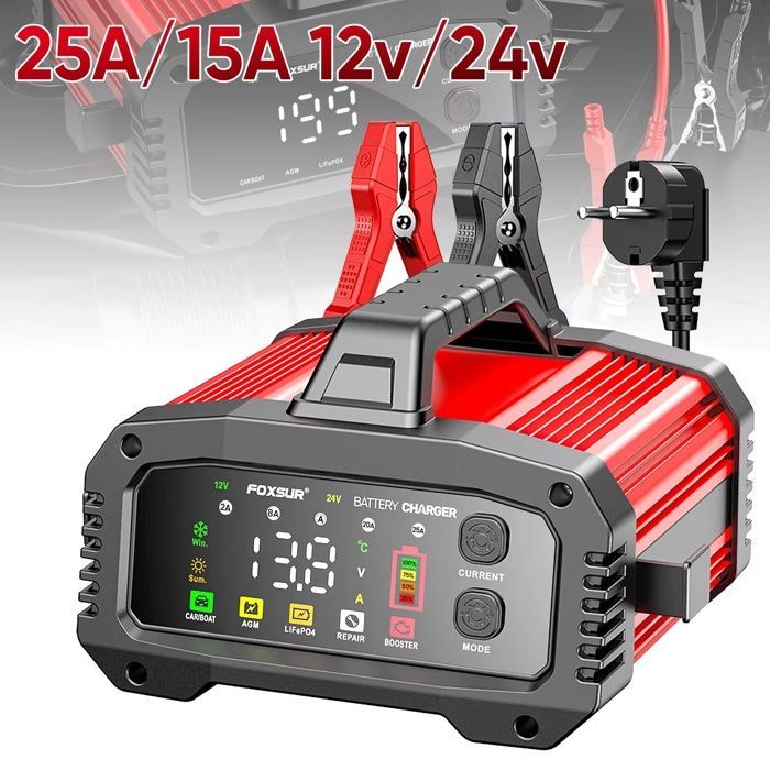 Portable Smart Car Battery Charger 25A/15A for 12V 24V Motorcycles, Lead Acid AGM LiFePO4, Optional Charging Current