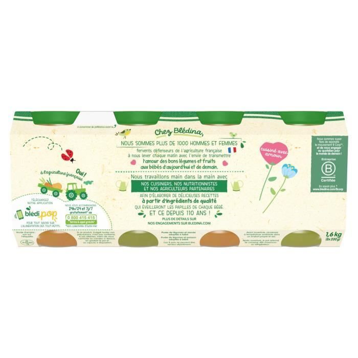 Omogeneizzati BLEDINA - Dai 6 mesi in su - Pollo al pomodoro e riso, Manzo alle verdure, Salmone al riso e verdure - 8 vasetti da 200 g