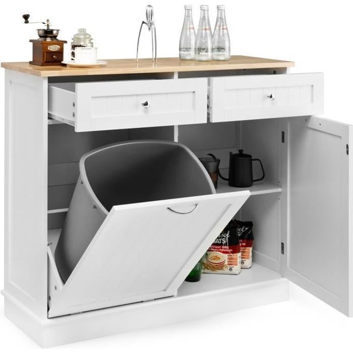 COSTWAY Buffet de Cuisine avec Plateau en Caoutchouc, 2 Tiroirs, Étagère Réglable et Placard pour Accueillir Poubelle 42 L, Blanc