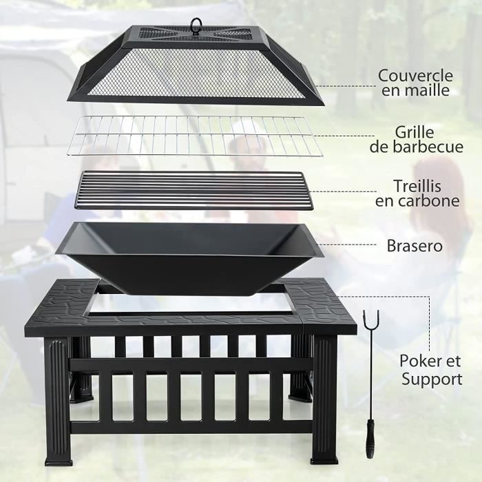 Braséro Extérieur Barbecue - RELAX4LIFE - 3 en 1 - Filet de Barbecue - Tisonnier - Couvercle - 6 Trous de Ventilation - 81X81X50CM