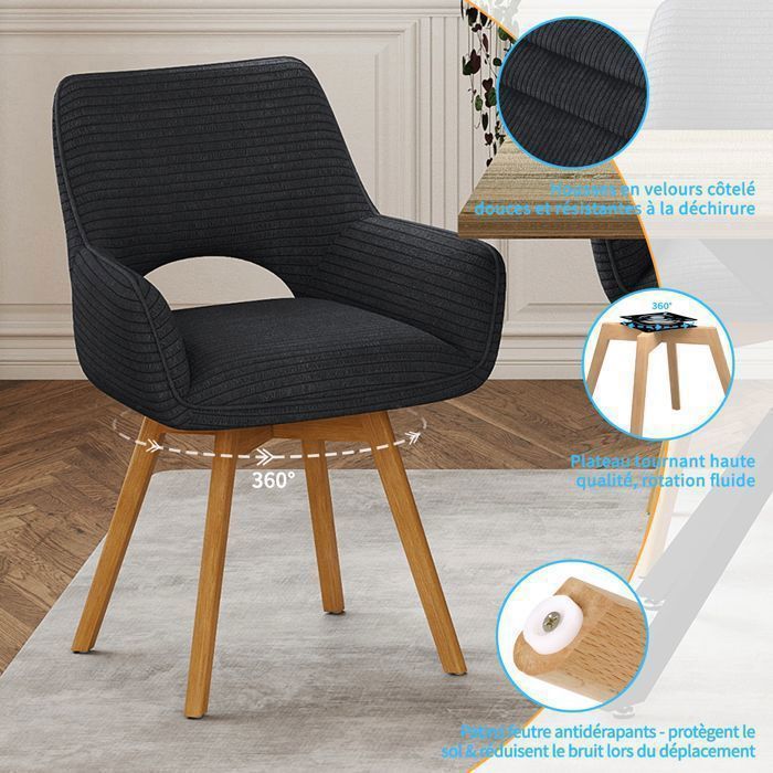 WAFTING Lot de 6 Chaises de Salle à Manger, Fauteuil Pivotantes avec Accoudoirs,Rembourrées avec Dossier en Velours,Bois Pied,Noir