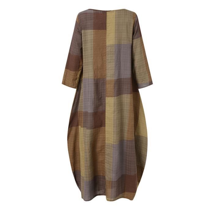 Robe Décontractée À Manches Longues Pour Femmes À Carreaux Vintage Parti Longues Marron