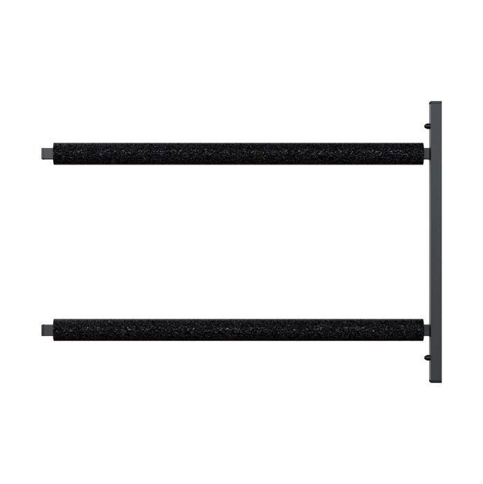 Wall-mounted surfboard and SUP rack with mounting hooks, protective foam, and two-tier steel workshop shelf
