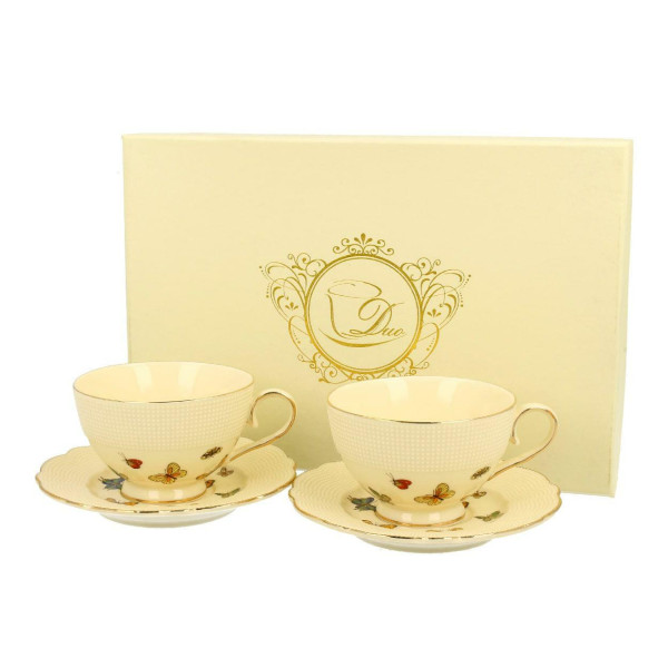 Zestaw 2 Filiżanek do Espresso Ecru Motylki 125 ml Porcelana ze spodkami