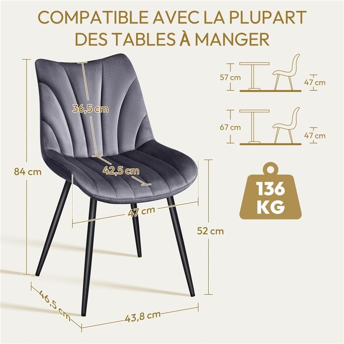 Yaheetech Lot de 4 Chaises de Salle à Manger avec Dossier Chaise de Cuisine Rétro Assise en Velours et Pieds en Métal Gris Foncé