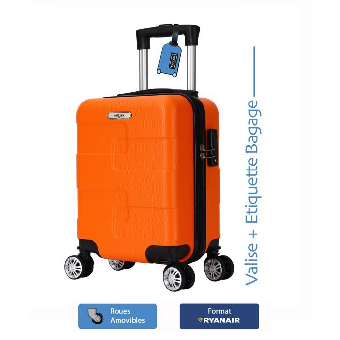 Ryanair cabin suitcase 40x30x20 cm – Lightweight rigid ABS – 4 removable double wheels – Orange – ADC trolley – Free luggage tag