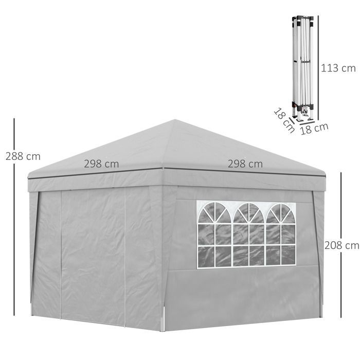 Cenador de jardín Outsunny - carpa plegable/para fiestas, paredes resistentes a los rayos UV (30+), bolsa de transporte - acero - 3x3 m - gris claro