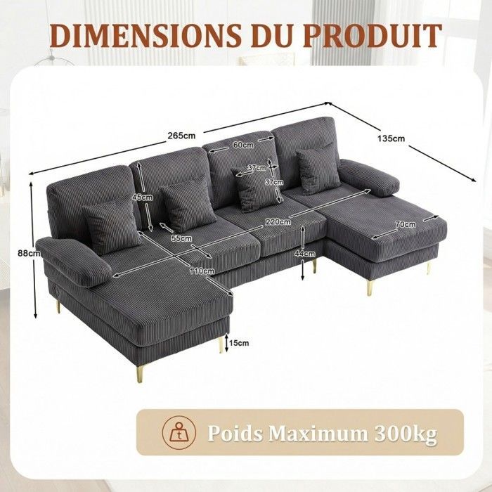 Canapé en U - LANGTU - Relaxation - Velours gris - LED d'ambiance & USB-C - Bois massif 4 places