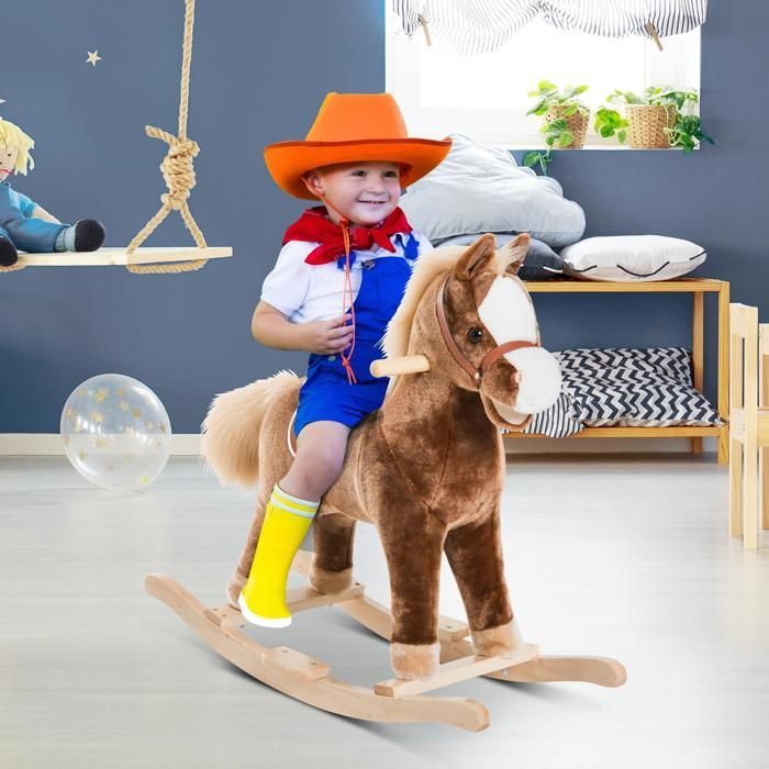 Schommelpaard - HOMCOM - Cowboy Comfortzadel voor kinderen vanaf 36 maanden - Zacht pluche - Hout - Draagvermogen 40 kg - Bruin en wit