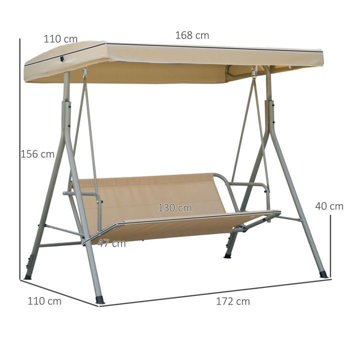 Columpio de jardín de 3 plazas - Outsunny - Toldo grueso con inclinación ajustable, cojines extraíbles - Poliéster, acero con revestimiento epoxi - Marrón claro