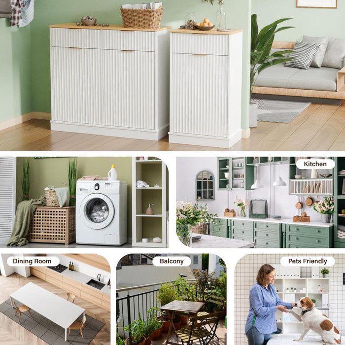 Credenza da cucina - ALIGHTUP - con anta e cassetti per pattumiera e cesto della biancheria - Bianca - 51x34x91,4 cm
