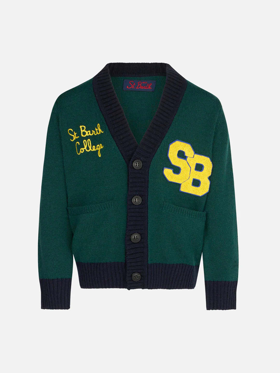 Gebreid vest met patches en borduurwerk van St. Barth College