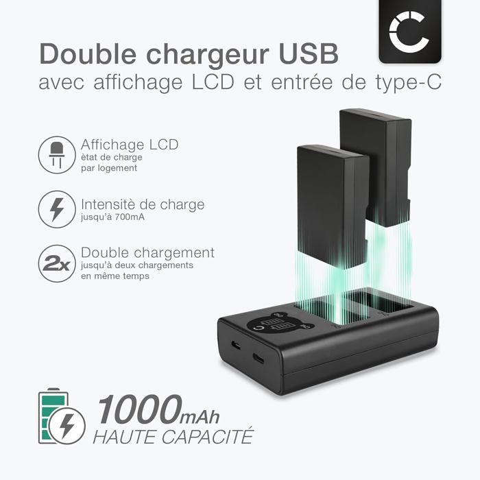 Set de 2 Batteries 1000mAh et Double Chargeur Compatible avec Nikon D3000 D40 D40x D5000 D60 - Accu de Remplacement Appareil Photo