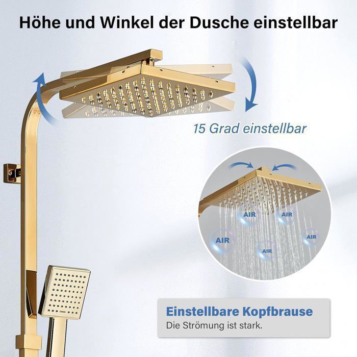 Goldene Duschsäule, Duschsystem, Duschset, Wandbrause-Set, höhenverstellbar 750–1100 mm mit Handbrause
