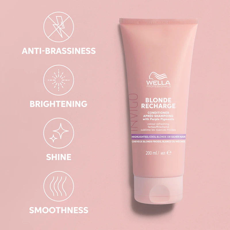 Condicionador roxo Wella Professionals Invigo Blonde Recharge que neutraliza os tons amarelados.