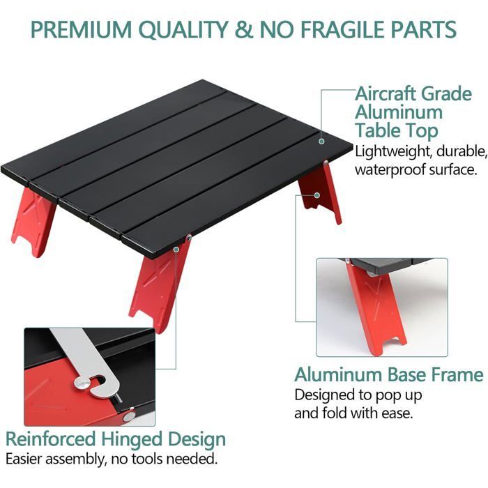 Mini Folding Lightweight Portable Aluminium Table with Carry Bag, for Barbecue, Picnic, Beach, Travel (Red)