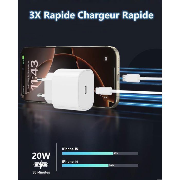 AIMIUVEI 2 cargadores rápidos, enchufe de pared PD de 20 W, cable Lightning/Tipo-C de 2 m, para iPhone 16/15/14/13/12/Samsung/Huawei/Galaxy