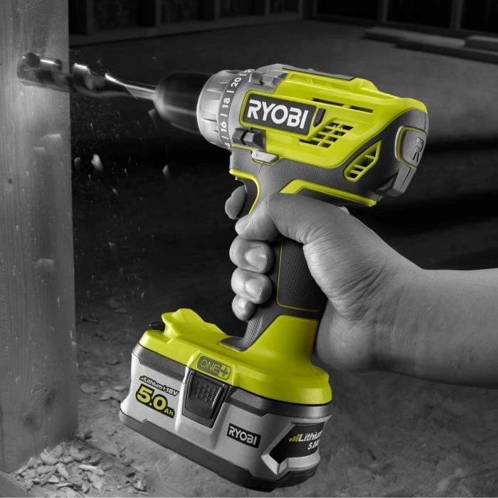 RYOBI - Taladro/atornillador inalámbrico ONE+ de 18 V - 50 Nm - 500-1800 rpm - Portabrocas de 13 mm + 1 batería de 2 Ah, cargador y bolsa - R18DD3-120S