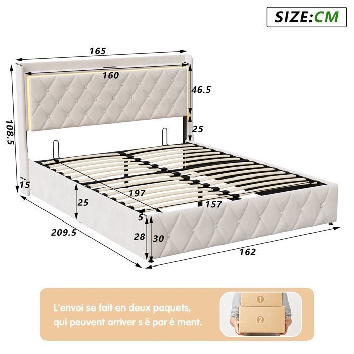 160x200cm Bed - 160x200cm Storage Bed and Slatted Base - Double Bed with RGB LED Headboard, USB Charging Port and Shelf - Beige Velvet